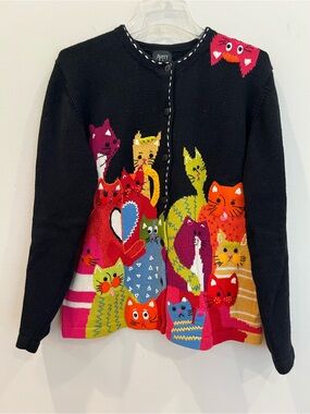 Vintage Avery Isle Cardigan Sweater Women Large Ramie Cats Colorful Artsy Unique